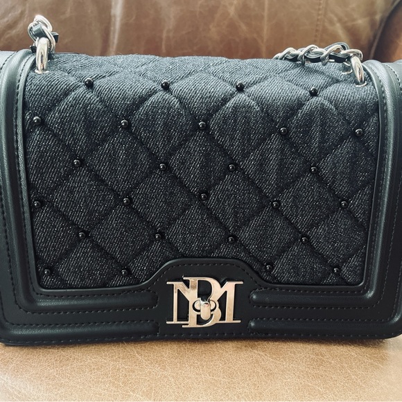Badgley Mischka Quilted Shoulder Bag Denim Purse with Silver Chain & Logo Accent - Picture 2 of 3